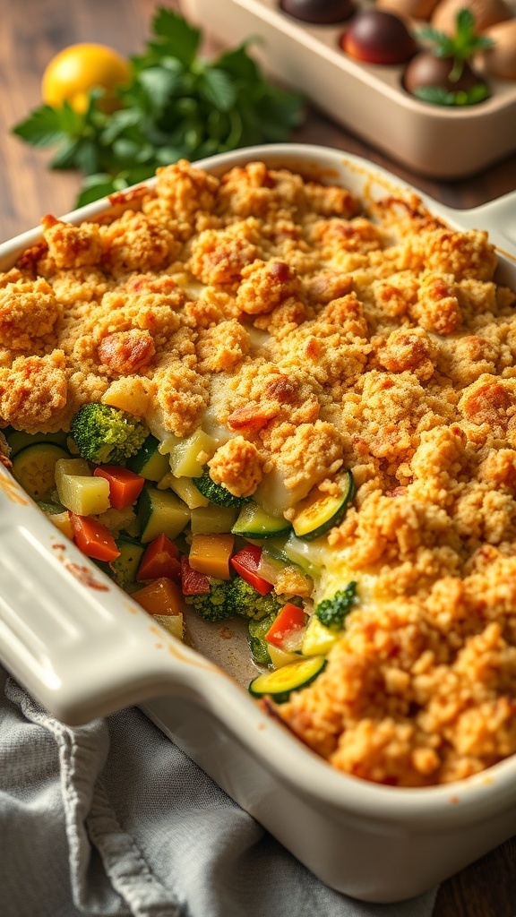 Vegetable Casserole Recipe A baked vegetable casserole with broccoli, zucchini, bell peppers, topped with cheese and breadcrumbs in a rustic dish.